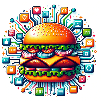 Vector design of a burger with digital elements emanating from it, like pixels, binary code, and web icons, symbolizing the fusion of food and online 