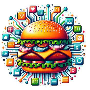 Vector design of a burger with digital elements emanating from it, like pixels, binary code, and web icons, symbolizing the fusion of food and online