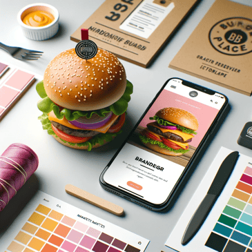 Photo of a stylish burger with branded ingredients like a bun with a logo, next to a smartphone showing a burger place's website homepage. A background of marketing materials and brand color swatches sets the scene.