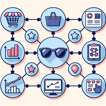Illustration of a flowchart with six interconnected steps, each represented by an icon related to eyewear sales such as a shopping cart with glasses, a computer screen with a sales graph, and customer reviews.