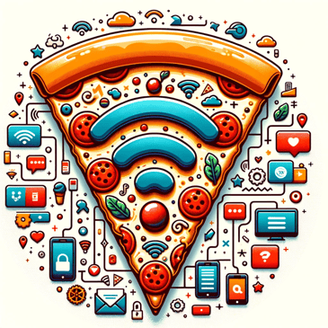 Illustration of a pizza slice with digital elements, such as Wi-Fi signals and app icons, symbolizing the fusion of traditional pizza and modern mobile experiences.
