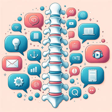 Illustration of a human spine with speech bubbles emerging from different vertebrae. Each bubble contains content icons like articles, podcasts, and videos, representing diverse content for a chiropractic blog.