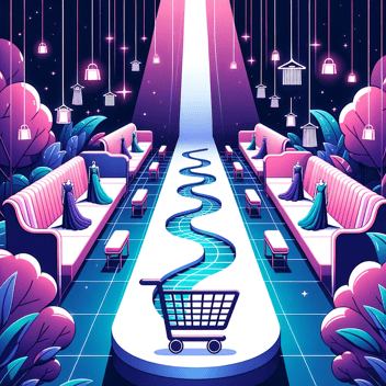 Illustration of a fashion runway transforming into a digital shopping cart path, symbolizing the journey of seasonal fashion trends to online shopping platforms.