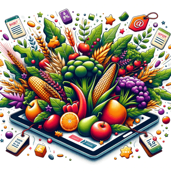 Illustration in a vibrant, detailed, and modern style showing a variety of plant-based foods, such as vegetables, fruits, and grains, emerging from a digital tablet. Floating around are discount tags, special offers, and customer review icons, emphasizing online promotions.