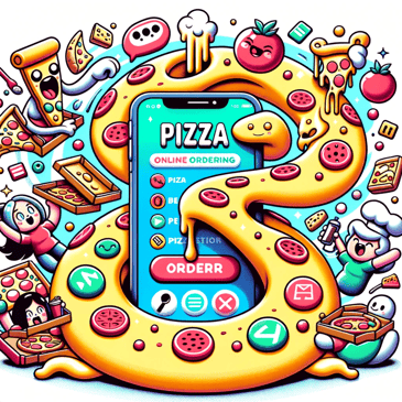 Cartoon illustration in a playful, vibrant, and detailed style showing a pizza dough morphing into digital pixels, leading to a smartphone screen displaying an online ordering app. Around the phone, cartoon characters are enjoying pizza and interacting with digital icons.