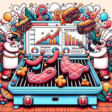 Cartoon illustration in a whimsical, colorful, and intricate style where cartoon chefs grill meats on a digital grill interface, and as they flip the meats, they reveal web metrics like user engagement, bounce rate, and traffic sources.