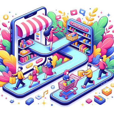 Cartoon illustration in a playful, vibrant, and detailed style depicting cartoon shoppers navigating a digital marketplace. They move from browsing items on digital shelves to a virtual checkout counter with a smooth pathway, symbolizing an enhanced e-commerce experience.