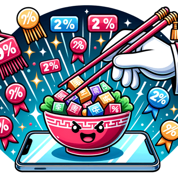 Cartoon illustration in a fun, bright, and dynamic aesthetic of a chopstick pair picking up digital icons such as discount percentages, special offer ribbons, and limited-time badges, all set against the backdrop of a digital Chinese restaurant setting.