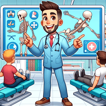 Cartoon illustration in a lively, detailed, and cheerful style where a chiropractor avatar guides cartoon patients through virtual exercises and demonstrations on spine health, set against the backdrop of a digital clinic environment.