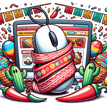 Cartoon illustration in a lively, detailed, and cheerful style depicting a computer mouse wrapped in a serape, clicking on a festive Mexican restaurant homepage. Animated chili peppers, maracas, and cacti dance around, highlighting web design features.