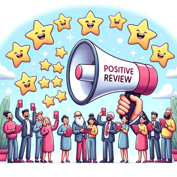Cartoon illustration in a lively, detailed, and cheerful style where a digital megaphone broadcasts positive customer reviews. Cartoon characters gather around, reading and discussing the glowing feedback, emphasizing the impact of authentic online engagement.