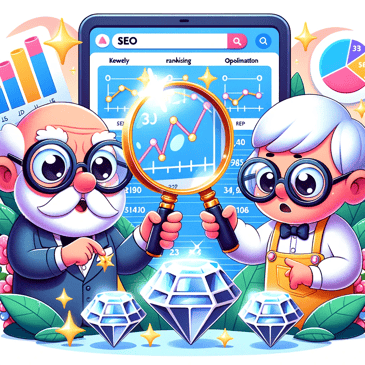 Cartoon illustration in a lively, detailed, and cheerful style where cartoon characters inspect sparkling jewelry pieces with magnifying glasses. Behind them, a digital screen displays SEO metrics, keyword rankings, and optimization graphs.