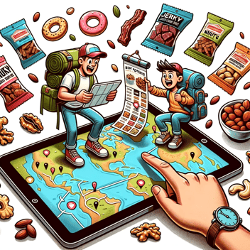 Cartoon illustration in a lively, detailed, and cheerful style where cartoon travelers explore a digital map on a tablet. As they plot their journey, snack icons like jerky, nuts, and protein bars pop up, representing the best portable snacks available on the e-commerce platform.