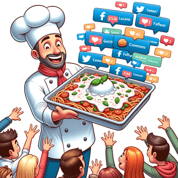 Cartoon illustration in a lively, detailed, and cheerful style where a chef presents a tray of lasagna, and as he lifts a portion, digital streams of social media notifications, comments, and followers emerge. Cartoon customers express excitement and engage with the digital content.