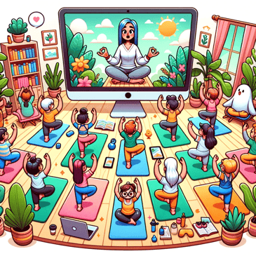 Cartoon illustration in a lively, detailed, and cheerful style where cartoon characters participate in a virtual wellness class. They practice yoga, meditation, and other exercises on their individual screens, while an instructor avatar guides them through the session.