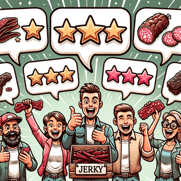 Cartoon illustration in a lively, detailed, and cheerful style where cartoon customers excitedly sample various jerky products. Above their heads, digital bubbles pop up showcasing star ratings, positive reviews, and feedback, emphasizing the impact of customer opinions.