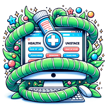 Cartoon illustration in a lively, detailed, and cheerful style of a computer monitor wrapped in a health aura. The screen displays a pharmacy website's homepage, designed for ease of use, with cartoon characters browsing, searching, and engaging with the content.