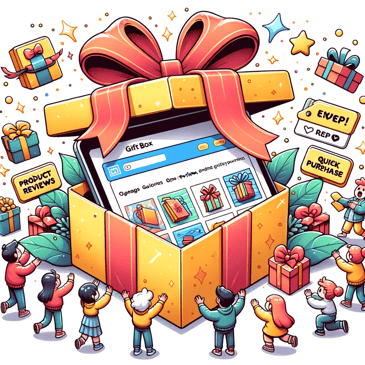 Cartoon illustration in a lively, detailed, and cheerful style where cartoon characters browse a digital gift store. They interact with intuitive search bars, gift category sections, and personalized recommendation widgets, emphasizing a user-friendly shopping experience.