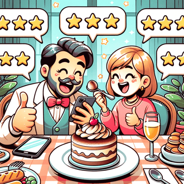 Cartoon illustration in a lively, detailed, and cheerful style where cartoon characters dine in a digital Italian restaurant. As they savor a delicious tiramisu dessert, digital bubbles pop up around them showcasing positive customer testimonials and star ratings.