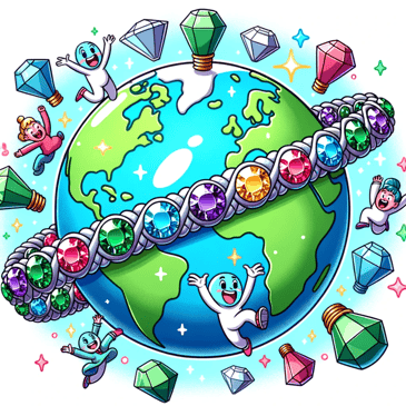 Cartoon illustration in a lively, detailed, and cheerful style of a digital Earth wrapped in a jewelry necklace. The necklace features eco-friendly gems and sustainable materials. Cartoon characters around the Earth celebrate and promote the rise of eco-friendly jewelry brands.
