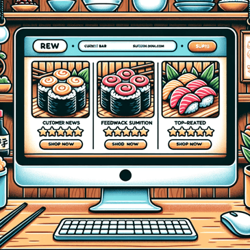 A computer monitor set in a sushi bar setting displaying the sushi bar's website with sections for customer reviews and top-rated dishes.