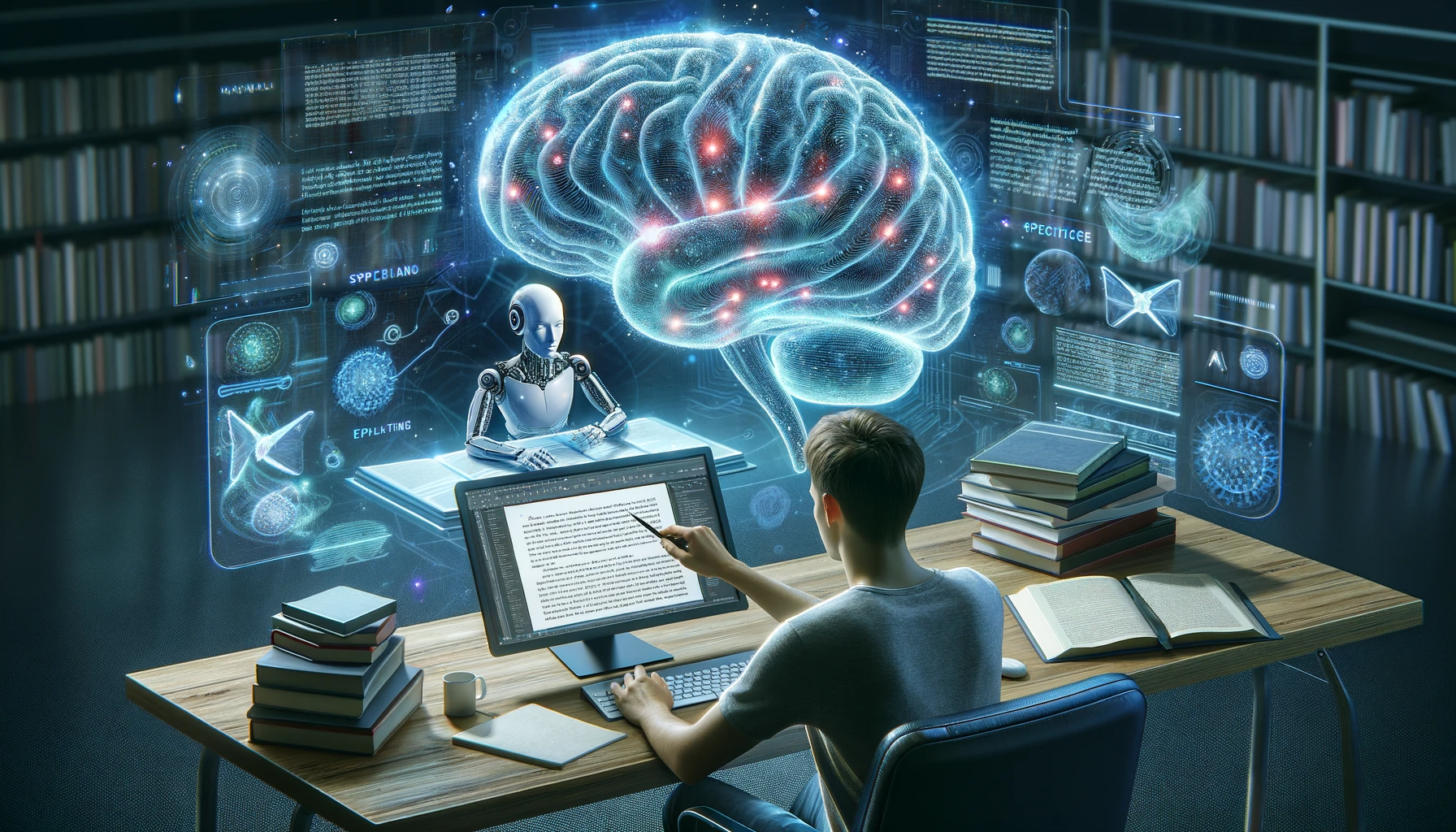 DALL·E 2023-11-07 12.39.05 - An ultra-wide conceptual image showing a person sitting at a desk, training their AI writing assistant. The AI is represented by a holographic brain f