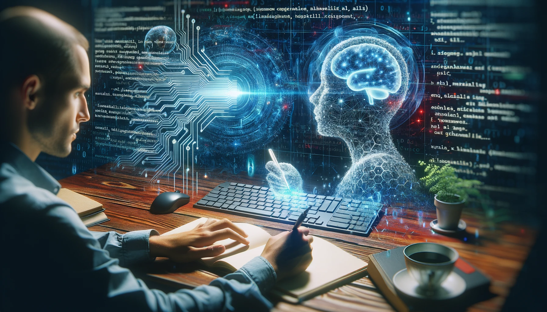 DALL·E 2023-11-07 12.40.55 - An ultra-wide dynamic image of a futuristic AI-assisted writing process, with a split-screen effect. On one side, theres a human writer thoughtfully